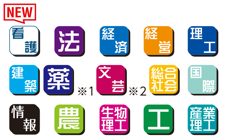 看護学部・法学部・経済学部・経営学部・理工学部・建築学部・薬学部(医療薬学科を除く)・文芸学部(文学科日本文学専攻を除く)・総合社会学部・国際学部・情報学部・農学部・生物理工学部・工学部・産業理工学部